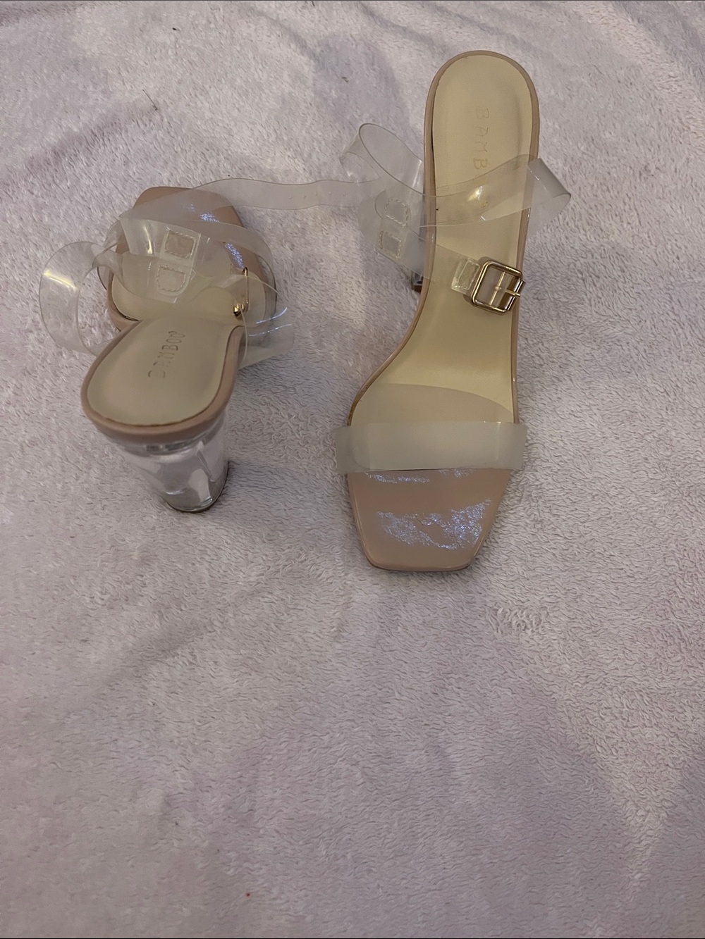 BAMBOO Clear Strap Nude Block Heel Sandals